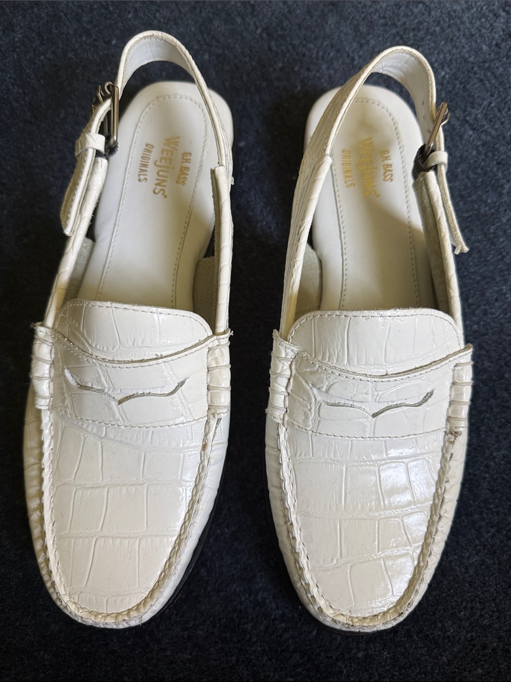 White Croc-Embossed Slingback Loafers by Meijuns